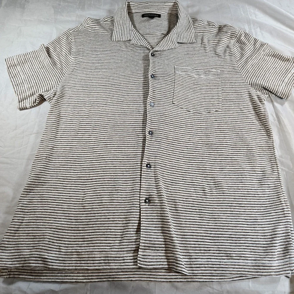 Banana Republic Linen Resort Shirt Mens XLShort Black Stripe Camp Button Front
